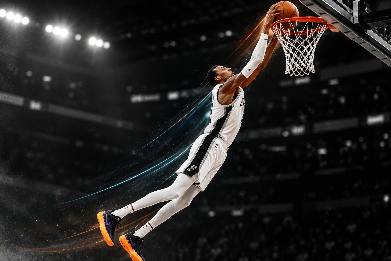 Victor Wembanyama extending toward the rim in original editorial concept art