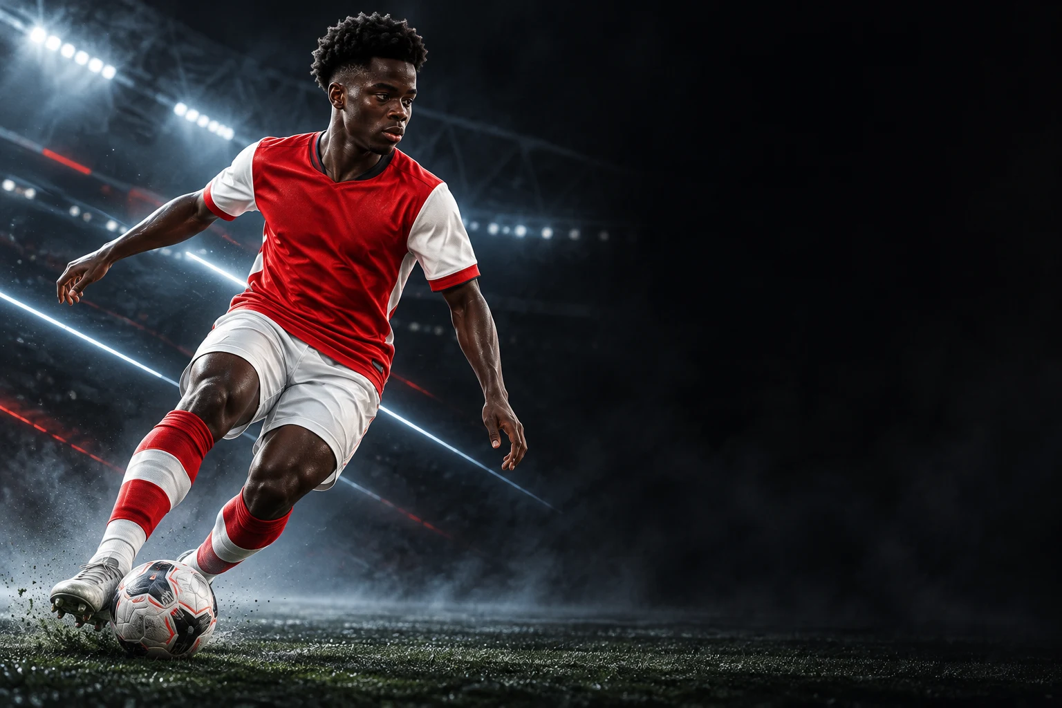 AI editorial illustration of Bukayo Saka and a conceptual tactical pitch