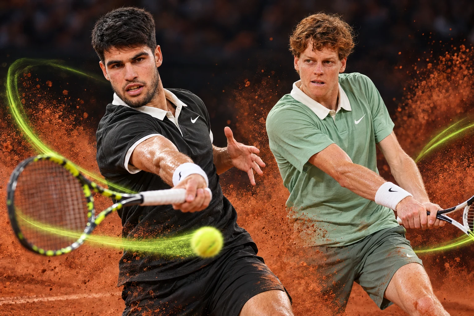 Carlos Alcaraz and Jannik Sinner in conceptual art celebrating their 2025 Paris final